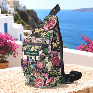 Sac À Bandoulière Fleurs roses vintage motif noir monogrammé imprimé