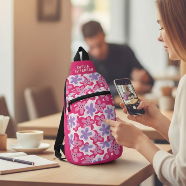 Sac À Bandoulière Floral rose tropical moderne Nom personnalisé (Créateur téléchargé)