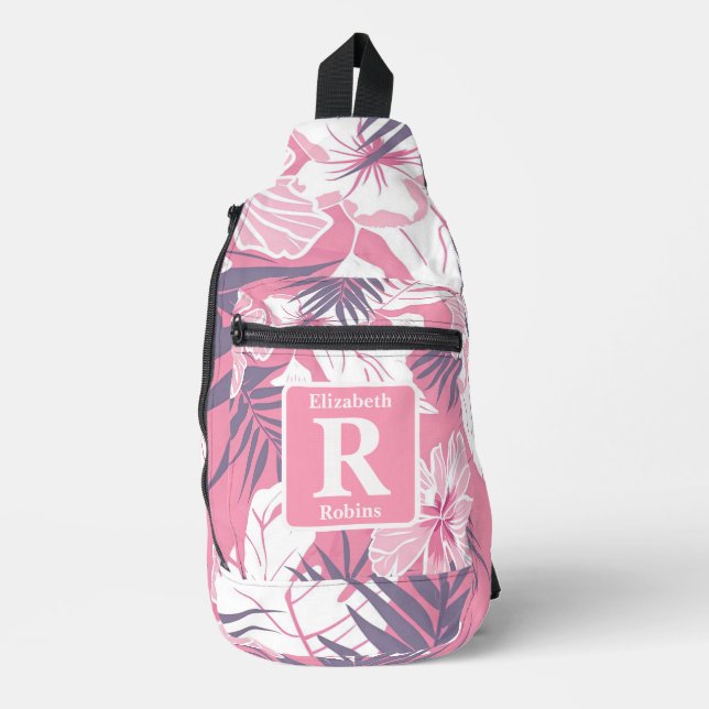 Sac À Bandoulière Hibiscus rose tropical personnalisé Monogramme (Recto)