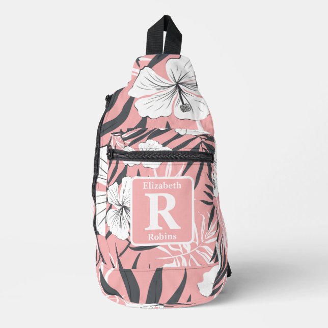 Sac À Bandoulière Hibiscus rose tropical personnalisé Monogramme (Recto)