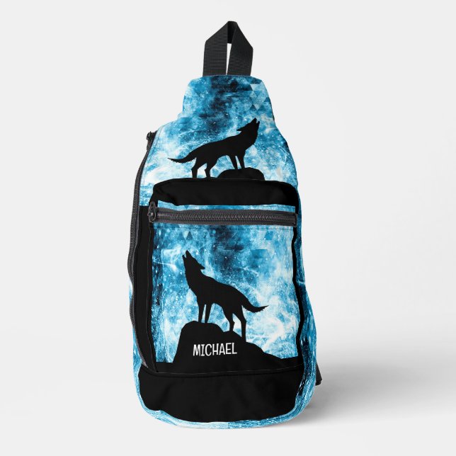 Sac À Bandoulière Howling Wolf Winter enneigé bleu noir Nom personna (Recto)