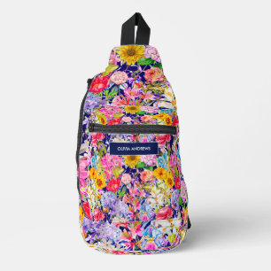 Sac À Bandoulière Joli bleu jaune élégant motif floral monogramme