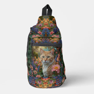 Sac À Bandoulière Joli chat orange et blanc dans un jardin fleuri