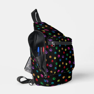 Sac À Bandoulière Jolies Empreintes de Patte Colorées sur Fond Noir