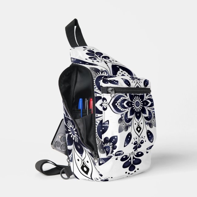 Sac à bandoulière mandala bleu marine blanc (Ouvrir)