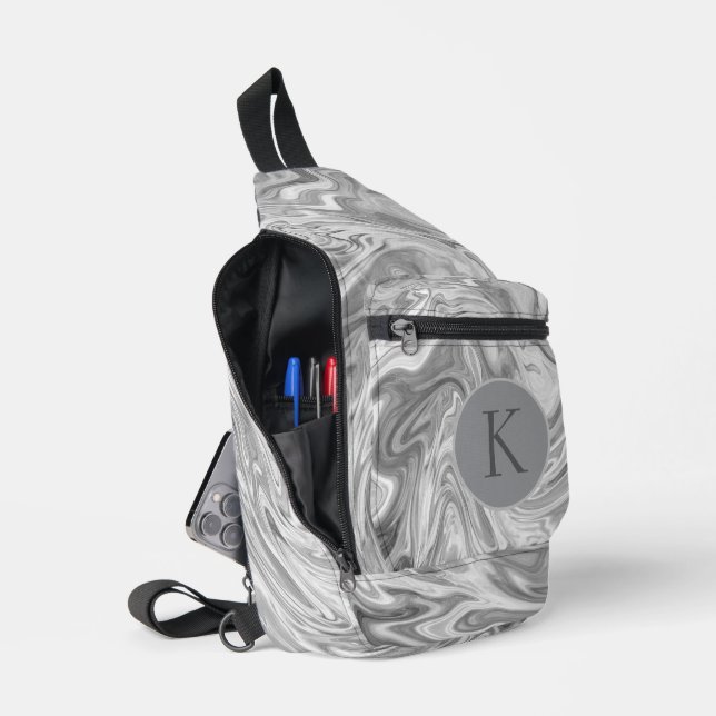 Sac À Bandoulière Marbre argenté Abstrait Monogramme Tourbillonnant (Ouvrir)