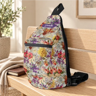 Sac À Bandoulière Marque élégante violette à motif floral gris