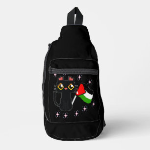 Sac À Bandoulière mignon chat noir tient drapeau de la Palestine