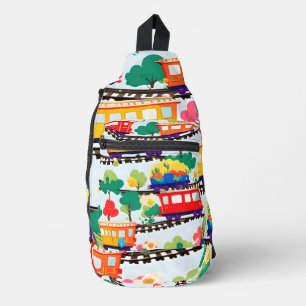 Sac À Bandoulière Mignons trains et motif d'arbres bleu