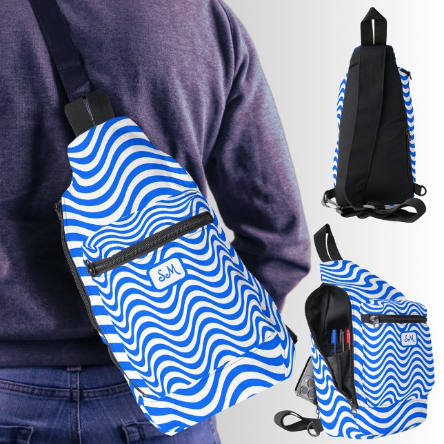 Sac À Bandoulière Monogramme Bleu Blanc Vagues Tirures Psychédélique (Monogram Blue White Wavy Stripes Psychedelic Sling Bag)