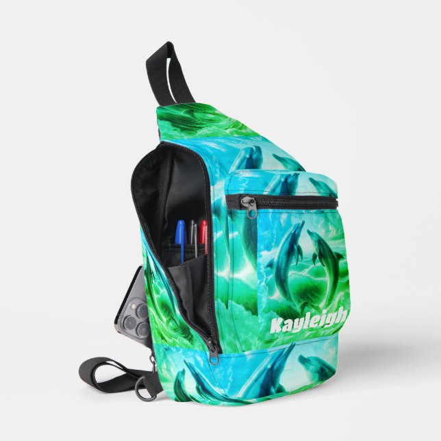 Sac À Bandoulière Monogramme Bleu & Vert Dolphins Océan | (Ouvrir)