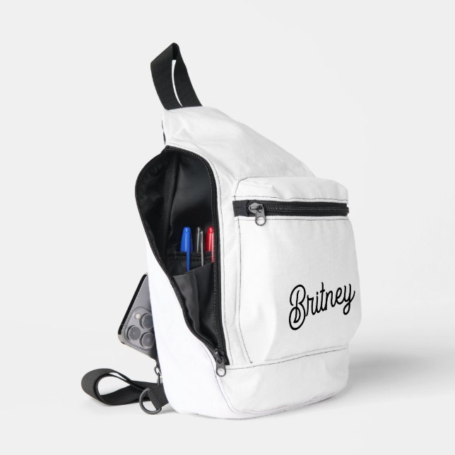 Sac À Bandoulière Monogramme et nom personnalisés en noir moderne (Ouvrir)