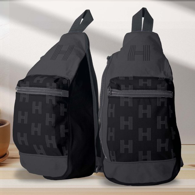 Sac À Bandoulière Monogramme Motif, Monogramme moderne Noir (Black Monogram Pattern, Simple Black Sling Bag)