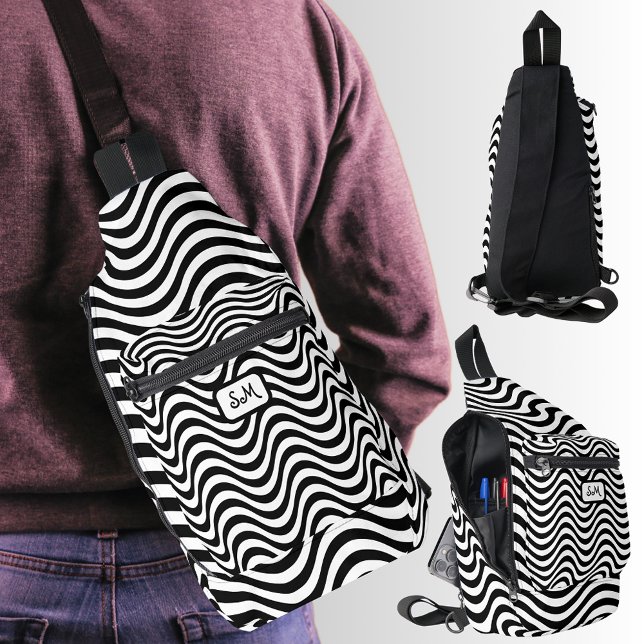 Sac À Bandoulière Monogramme Noir Blanc Wavy Stripes Psychedélique (Monogram Black White Wavy Stripes Psychedelic Sling Bag)