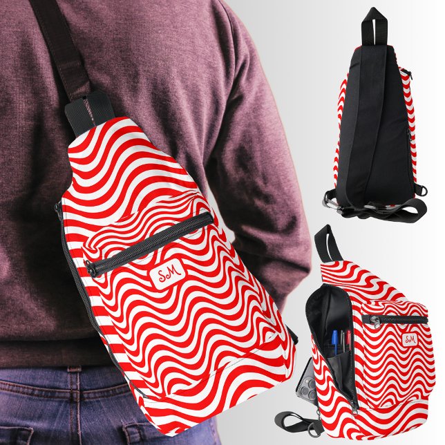 Sac À Bandoulière Monogramme Rouge et blanc Tirages Vagues Psychédél (Monogram Red & White Wavy Stripes Psychedelic Sling Bag)