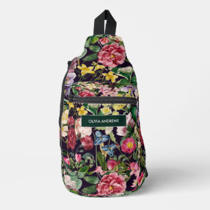 Sac À Bandoulière monogramme vintage rose floral noir motif imprimé