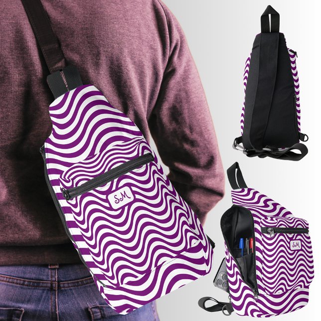 Sac À Bandoulière Monogramme violet blanc ondulée rayures psychédéli (Monogram Purple White Wavy Stripes Psychedelic Sling Bag)