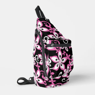 SAC À BANDOULIÈRE MOTIF ALOHA HAWAII EN NOIR/ROSE