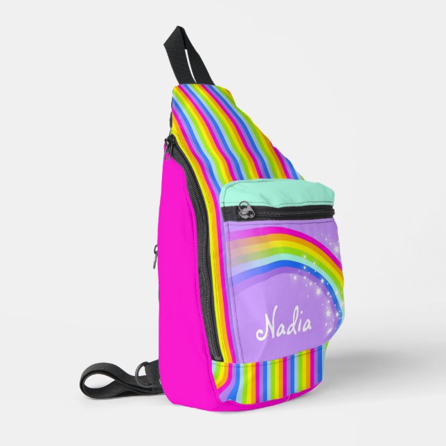 Sac À Bandoulière Nom personnalisé arc-en-ciel violet enfants école (Coin gauche)