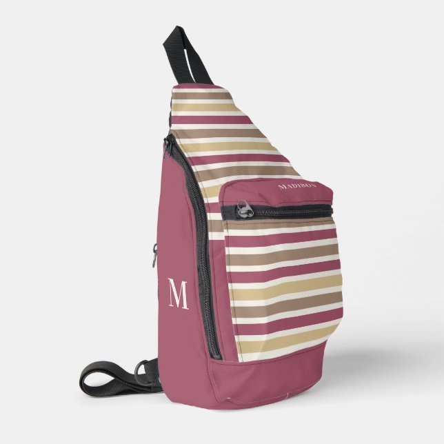 Sac À Bandoulière Nom personnalisé et monogramme Retro Stripes Motif (Coin gauche)