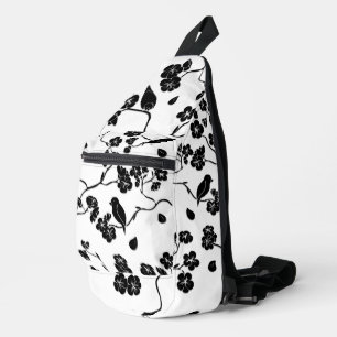Sac À Bandoulière Oiseaux Motifs noirs et blancs sur les fleurs de c