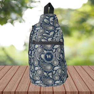 Sac À Bandoulière Paisley en bleu marine et élégant monogramme argen
