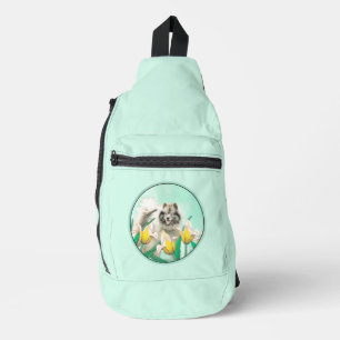 Sac À Bandoulière Peinture de Keeshond dans les tulipes Art original