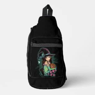 Sac À Bandoulière Petite sorcière d'Halloween et chat noir