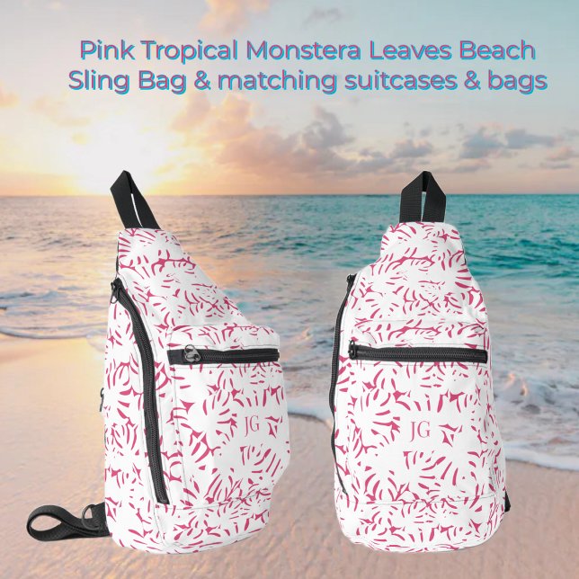 Sac À Bandoulière Pink Beach Monstera Feuilles tropicaux (Pink Beach Tropical Monstera Leaves Sling Backpack & matching suitcases, duffle, makeup cosmetic bag)