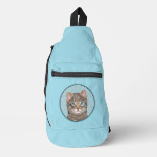 Sac À Bandoulière Portrait peint d'un chat gris tabby, œuvre d'art o