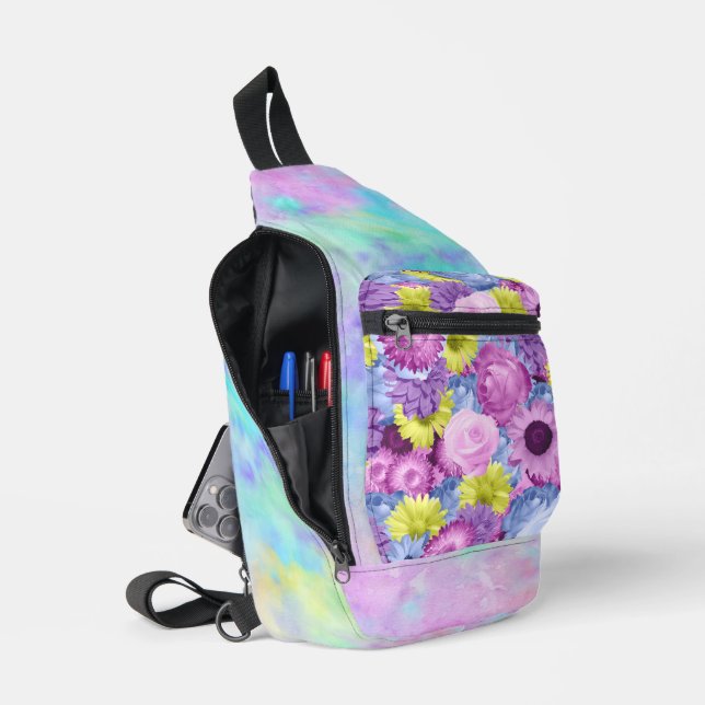 SAC À BANDOULIÈRE ROSE BLEU VERT PURPLE FLEURS ET OMBRE (Ouvrir)
