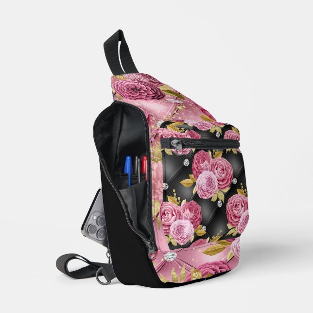 SAC À BANDOULIÈRE ROSE & NOIR TUFÉ REGARDER MOTIF ET FLEURS (Ouvrir)