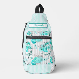Sac À Bandoulière Roses Bleus Turquoise, Rayures Grises et Monogramm