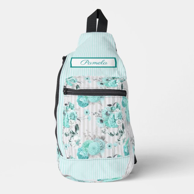 Sac À Bandoulière Roses Bleus Turquoise, Rayures Grises et Monogramm (Recto)