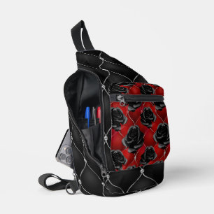 SAC À BANDOULIÈRE ROUGE AVEC ROSES NOIRES ET MOTIF DIAMANT ARGENTÉ