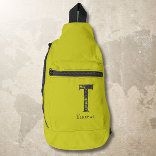 Sac À Bandoulière Solide couleur vert acide gris initiales et nom