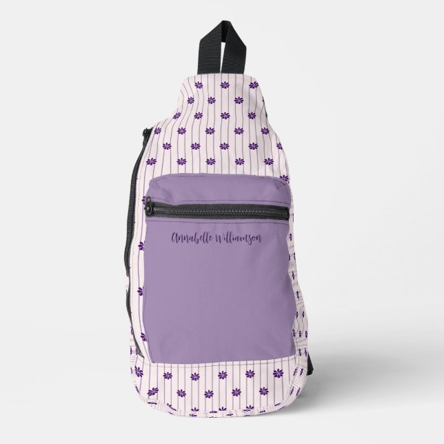 Sac À Bandoulière Tendance Violet Votre Nom Bandes & Fleurs (Recto)