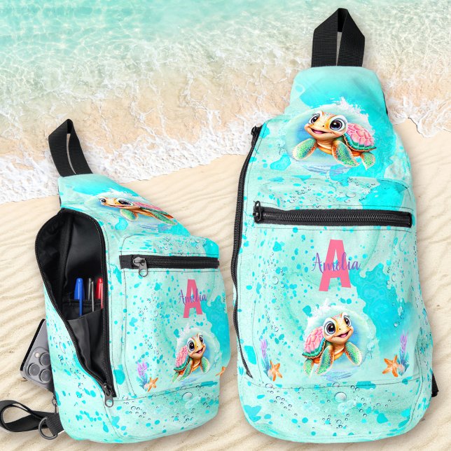 Sac À Bandoulière Tortue de mer mignonne Girl Océan Turquoise Nom du (Cute Sea Turtle Girl Ocean Turquoise Monogram Name Sling Bag)