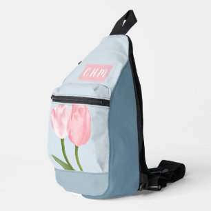 Sac À Bandoulière Tulipes roses sur fond bleu pâle avec triple monog