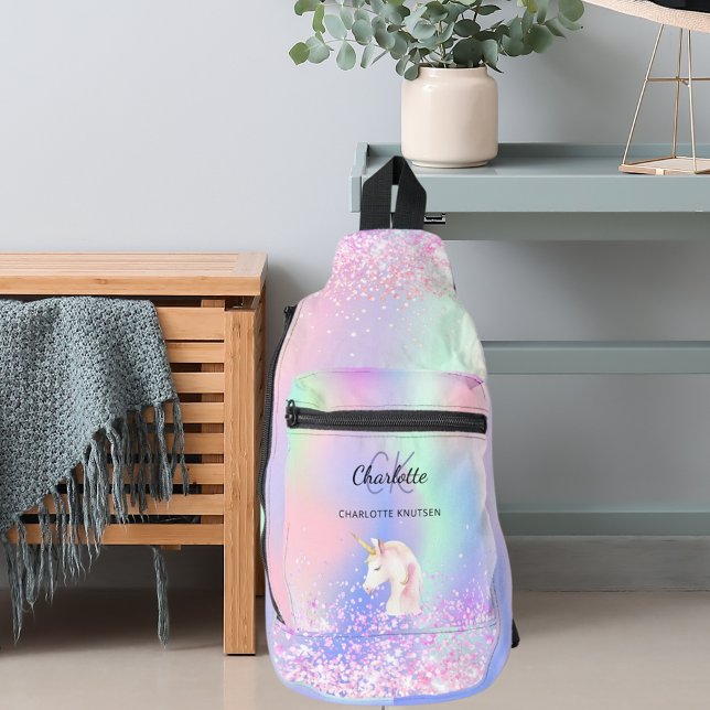 Sac À Bandoulière Unicorne nom monogramme rose holographique (Créateur téléchargé)