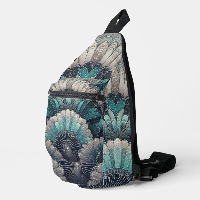 Sac À Bandoulière Ventilateurs Art Nouveau bleu et argent (Coin droit)