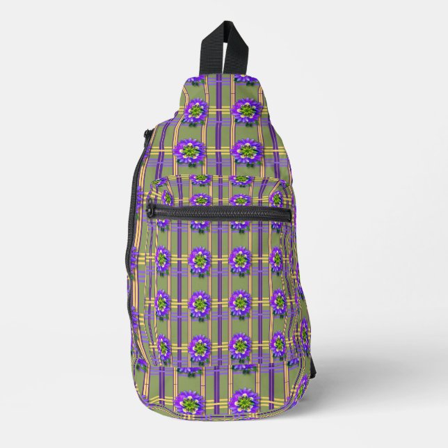 Sac à bandoulière vert mousse avec fleurs violette (Recto)
