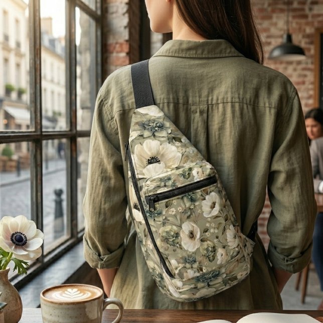 Sac À Bandoulière Vert Sauge Et Fleurs Crème  (Créateur téléchargé)
