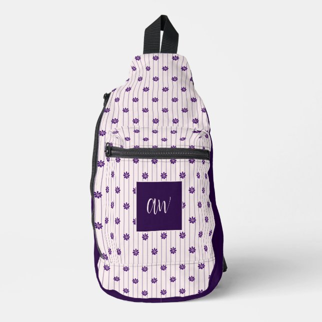 Sac À Bandoulière Violet monogramme élégant, bandes et fleurs blanch (Recto)