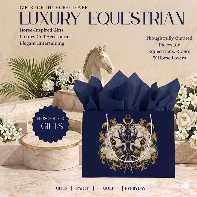 Sac à cadeau avec impression de cheval équestre de (Luxury Equestrian White Horses Navy Gold and Ivory)