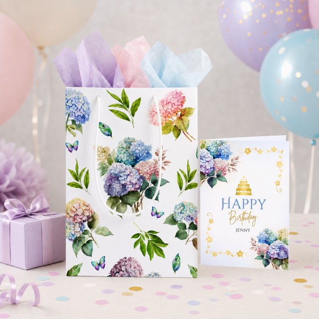 Sac à cadeau moyen élégant rose bleu hydrangea pou (Créateur téléchargé)