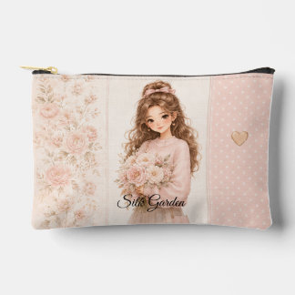 Sac à cosmétiques en soie rose floral modifiable