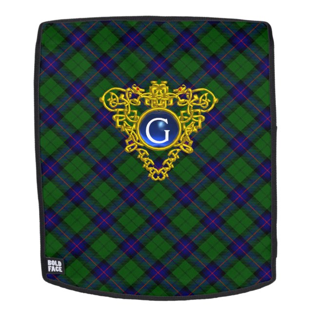 SAC À DOS BLEU GREEN ÉCOSSE TARTAN, CÉLTIQUE MONOGRAMME DU C (Devant amovible)
