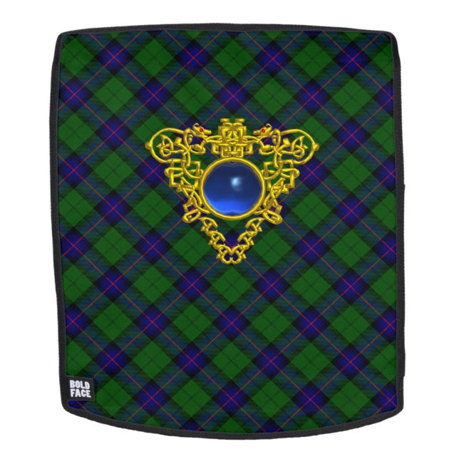 SAC À DOS BLEU VERT ÉCOSSE TARTAN, COEUR CELTIQUE OR (Devant amovible)