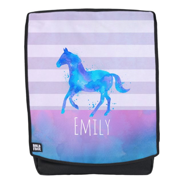 Sac À Dos Cheval en Aquarelle bleu et violet Personnalisé (Devant)